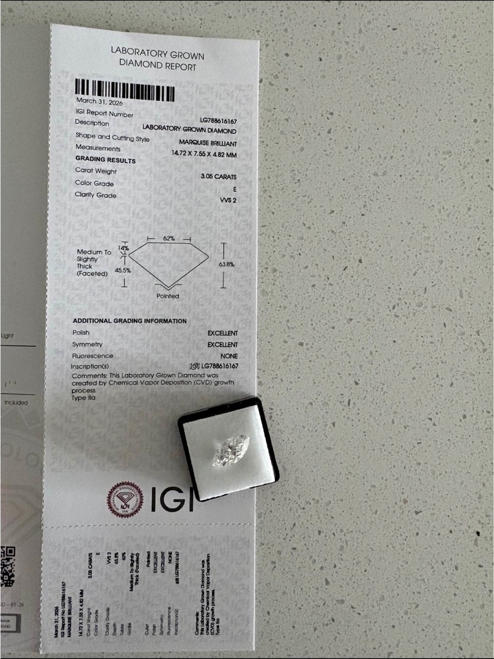 International Gemological Institute Laboratory Grown Diamond Report - White